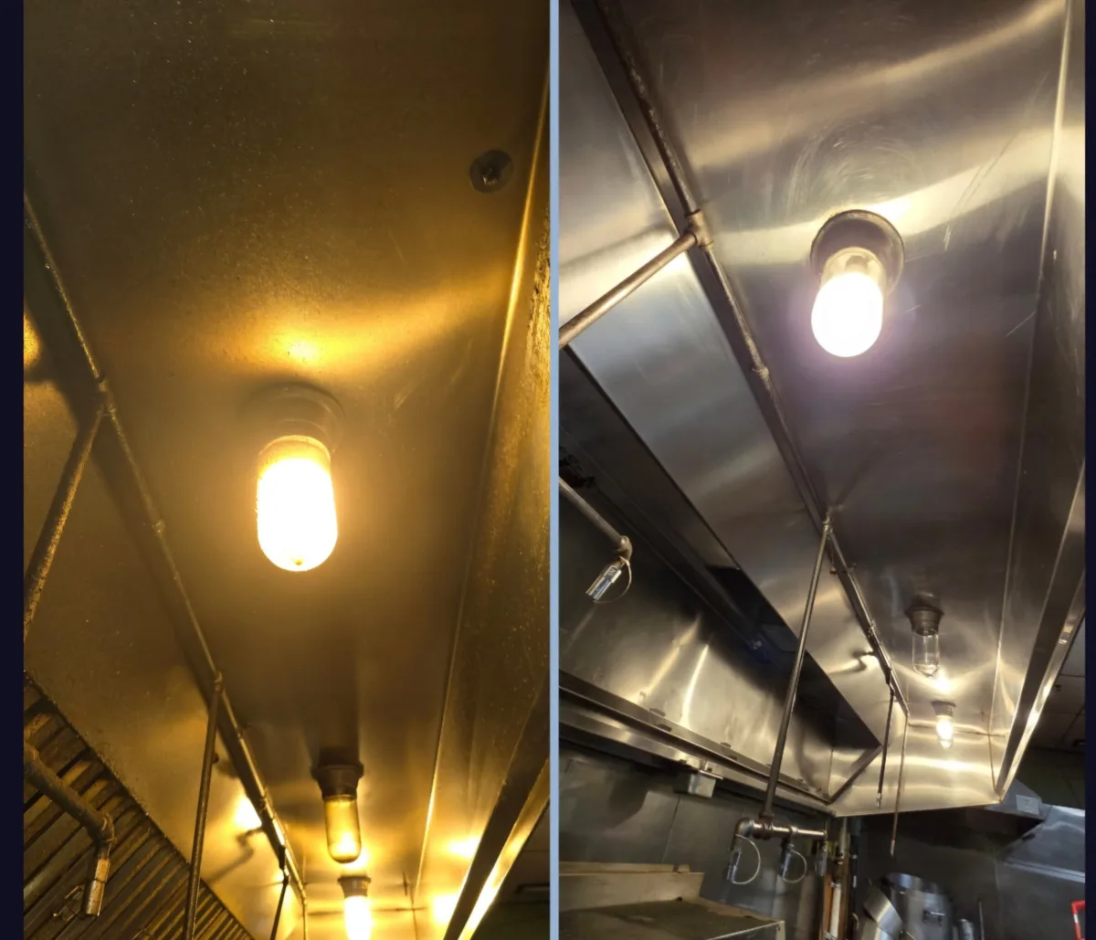 Before and after comparison of hood cleaning in South Jersey commercial kitchen